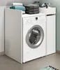 A white washing machine is shown integrated into a white cabinet unit, with folded towels on top. Produktbild-Vorschau