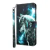 A wallet-style phone case with a wolf design is displayed against a white background. Produktbild-Vorschau