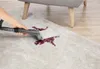 A hand is using a carpet cleaner to remove a red stain from a light-colored carpet, next to a chair and wooden floor. Produktbild-Vorschau
