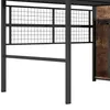 A close-up view of a black metal loft bed frame with a wooden shelf unit attached. Náhled obrázku produktu