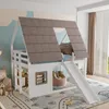 A children's loft bed designed to look like a house, complete with a slide, in a bedroom setting. Podgląd zdjęcia produktu