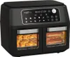 A black dual-chamber air fryer with food visible inside both chambers. Produktbild-Vorschau