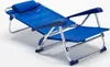 A blue folding beach chair with a headrest and armrests, shown on a white background. Voir les images du produit
