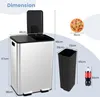 Dimensions of a dual-compartment trash can are shown with comparison items like a pizza and a soda bottle. Produktbild-Vorschau