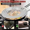 A splatter screen is shown over a frying pan with food being cooked. Below, there are two images comparing a dirty stovetop before and a clean stovetop after using the product. Produktbild-Vorschau