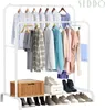 A double-tiered metal garment rack filled with clothes and shoes, with a storage basket at the bottom. Podgląd zdjęcia produktu