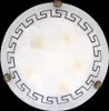 A close-up, top-down view of a round ceiling light fixture with a decorative border and a white, marbled diffuser. Produktbild-Vorschau