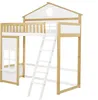 A loft bed designed to look like a house, with a ladder for access. Voir les images du produit