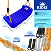 A blue swing seat with orange ropes and silver S-hooks, shown with measurement indicators and feature callouts. Produktbild-Vorschau