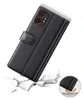 A black leather flip case for a smartphone is shown, angled and appearing to be dropped onto a cracked surface, with an inset showing the case's protective features. Produktbild-Vorschau