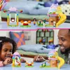 A split image showing a LEGO set of Gabby's Dollhouse characters and play structures on a table, with a child and an adult interacting with the set in the bottom half. Produktbild-Vorschau