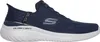 A side view of a navy blue Skechers slip-on sneaker with a white sole. Náhľad obrázku produktu