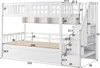 A white bunk bed with storage shelves and stairs, with dimensions labeled. Náhľad obrázku produktu