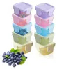 A stack of colorful, clear plastic food storage containers filled with various items, with a pile of blueberries in the foreground. Produktbild-Vorschau