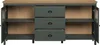 An open sideboard with wooden top and green body, showing shelves and drawers. Podgląd zdjęcia produktu