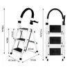 A white background with two views of a white folding step stool, one open and one folded, with dimensions indicated by text and arrows. Voir les images du produit