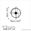 A diagram showing the dimensions of a wall clock, along with material and paint information, and certification marks. Produktbild-Vorschau