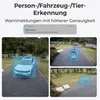 Collage of images showing a car, a person, and a dog, with bounding boxes indicating detection by a security camera. Includes text describing person/vehicle/animal detection and accurate alerts. Produktbild-Vorschau