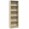 A tall, narrow, five-shelf bookcase made of light brown wood-like material against a white background. Voir les images du produit