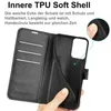 A person's hand is holding open a black flip phone case, revealing the interior card slots and the phone holder. Produktbild-Vorschau