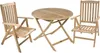 A wooden garden table and two chairs on a white background. Produktbild-Vorschau