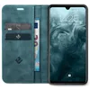A teal flip-case wallet for a smartphone is shown open, with the phone displaying its lock screen. Inside the wallet, there are slots for cards and a banknote. Produktbild-Vorschau