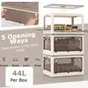 A collage of images showing storage boxes, their features, and capacity. One image shows hands opening a box, another shows boxes stacked with items inside, and a third shows icons representing different uses for the boxes. Náhľad obrázku produktu