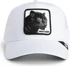 A white trucker cap with a black panther patch on the front. Produktbild-Vorschau