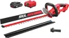 A red and black SKIL cordless hedge trimmer with accessories and batteries, laid out against a white background. Voir les images du produit