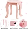 A pink children's stool with decorative elements and close-up views of its features. Podgląd zdjęcia produktu