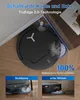 A black robot vacuum cleaner is shown cleaning near the corner of a wooden table and a white wall, demonstrating its ability to reach edges and corners. Two smaller inset images show the robot cleaning around chair legs and under furniture. Produktbild-Vorschau