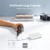 A hand is holding a phone connected to a white power bank, with marketing text and graphics in the background. Produktbild-Vorschau