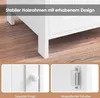 Close-up of a white cabinet with text overlays highlighting features, and two smaller inset images showing a drawer knob and a magnetic door holder. Produktbild-Vorschau