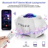 A white star projector lamp with a remote control and a smartphone displaying music playback, surrounded by musical notes. Produktbild-Vorschau