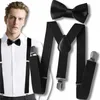 A man wearing a white dress shirt, black bow tie, and black suspenders. The bow tie and suspenders are also shown separately. Produktbild-Vorschau