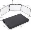 A tri-fold makeup mirror is shown in both an open and closed state, with dimensions indicated. Produktbild-Vorschau