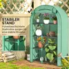 A green greenhouse with plants on shelves, set in a garden with a wooden fence and logs. Voir les images du produit