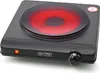 A black electric single burner hot plate with a red glowing heating element. Produktbild-Vorschau