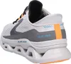 Rear view of a white and gray Skechers sneaker with orange accents. Voir les images du produit