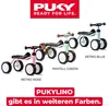 A collage of three Puky PUKYLINO balance bikes in different colors (rose, green, blue) with text overlays. Náhled obrázku produktu