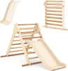 A collage of a wooden climbing triangle with a slide, a separate slide, and a wall-mounted climbing ladder. Produktbild-Vorschau
