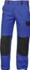 A pair of blue work trousers with black knee patches and red stitching. Produktbild-Vorschau