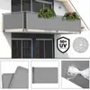 A collage of images showing a grey balcony privacy screen, including a close-up of the material and a rolled-up screen with ties. Produktbild-Vorschau