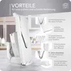 A white mandoline slicer is shown with various feature callouts and text descriptions. Anteprima dell’immagine prodotto