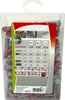 A clear plastic box containing multiple red and gray wall anchors, with a label showing product details and usage. Náhľad obrázku produktu