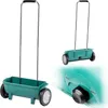 A collage of images showing a green wheeled spreader, with a close-up view of its adjustment dial. Podgląd zdjęcia produktu