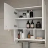 A white bathroom cabinet with its door open, displaying various toiletries and accessories on its shelves. Produktbild-Vorschau