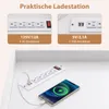 A close-up view of a white power strip with USB ports and AC outlets, connected to a smartphone that is charging. Podgląd zdjęcia produktu