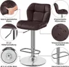 A brown bar stool with various features highlighted by callout circles and text. Produktbild-Vorschau