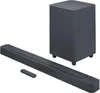 A soundbar, subwoofer, and remote control are shown against a white background. Produktbild-Vorschau